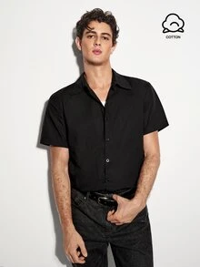 Colvenic Men's Solid Color Casual Versatile Daily Wear Short Sleeve Shirt - Black - View 2