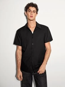 Colvenic Men's Solid Color Casual Versatile Daily Wear Short Sleeve Shirt - Black - View 6