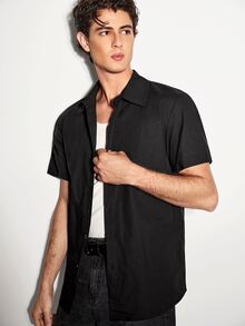 Colvenic Men's Solid Color Casual Versatile Daily Wear Short Sleeve Shirt - Black - View 9
