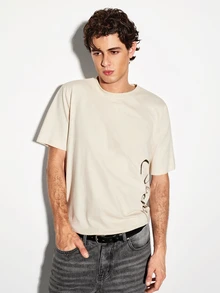 COLVENIC Apricot Drop Shoulder Short Sleeve T-Shirt For Men, Side Vertical Handwritten Cursive Letter Print, Loose Fit Pure Cotton Casual Half Sleeve - Apricot - View 5