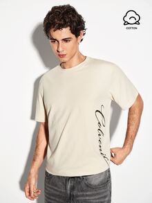 COLVENIC Apricot Drop Shoulder Short Sleeve T-Shirt For Men, Side Vertical Handwritten Cursive Letter Print, Loose Fit Pure Cotton Casual Half Sleeve - Apricot - View 2