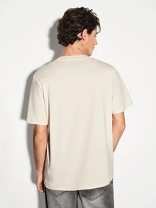 COLVENIC Apricot Drop Shoulder Short Sleeve T-Shirt For Men, Side Vertical Handwritten Cursive Letter Print, Loose Fit Pure Cotton Casual Half Sleeve - Apricot - View 8