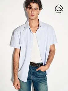 Colvenic Men's Striped Short Sleeve Single-Breasted Casual Shirt - Blue - View 2