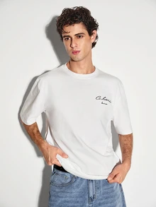 Colvenic White Minimalist Men's Solid Color T-Shirt, Exquisite Cursive English Letter Embroidery, Commuter Versatile Casual Crew Neck Top - White - View 5