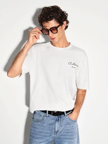 Colvenic White Minimalist Men's Solid Color T-Shirt, Exquisite Cursive English Letter Embroidery, Commuter Versatile Casual Crew Neck Top - White - View 8