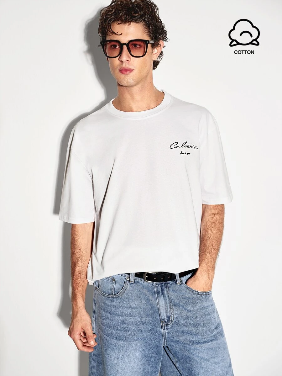 Colvenic White Minimalist Men's Solid Color T-Shirt, Exquisite Cursive English Letter Embroidery, Commuter Versatile Casual Crew Neck Top