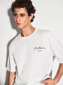 Colvenic White Minimalist Men's Solid Color T-Shirt, Exquisite Cursive English Letter Embroidery, Commuter Versatile Casual Crew Neck Top - White - View 3