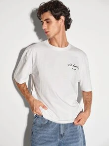 Colvenic White Minimalist Men's Solid Color T-Shirt, Exquisite Cursive English Letter Embroidery, Commuter Versatile Casual Crew Neck Top - White - View 6