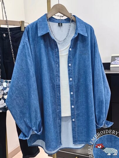 Resyla Women's Long Sleeve Single-Breasted Casual Denim Effect Print Shirt