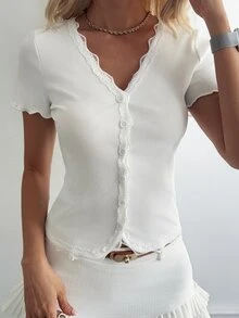 Livesso 女款蕾絲荷葉邊修身短袖優雅浪漫休閒T恤長袖上衣 日常約會 全白款 秋季 - 白色 - 查看 4