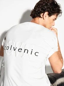 Colvenic Men's White Drop Shoulder Crew Neck T-Shirt, Front And Back Double Logo Design, Back Embossed Large Logo, Casual Versatile Short Sleeve Top - White - View 2