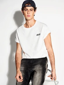 Colvenic Men's White Drop Shoulder Crew Neck T-Shirt, Front And Back Double Logo Design, Back Embossed Large Logo, Casual Versatile Short Sleeve Top - White - View 4