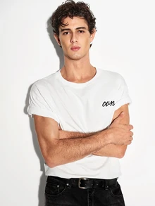 Colvenic Men's White Drop Shoulder Crew Neck T-Shirt, Front And Back Double Logo Design, Back Embossed Large Logo, Casual Versatile Short Sleeve Top - White - View 3
