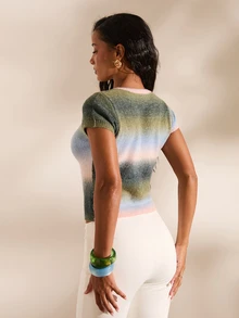 Opulessa Cárdigan casual de manga corta con botones delanteros y efecto ombré, para verano - Multicolor - Ver 2