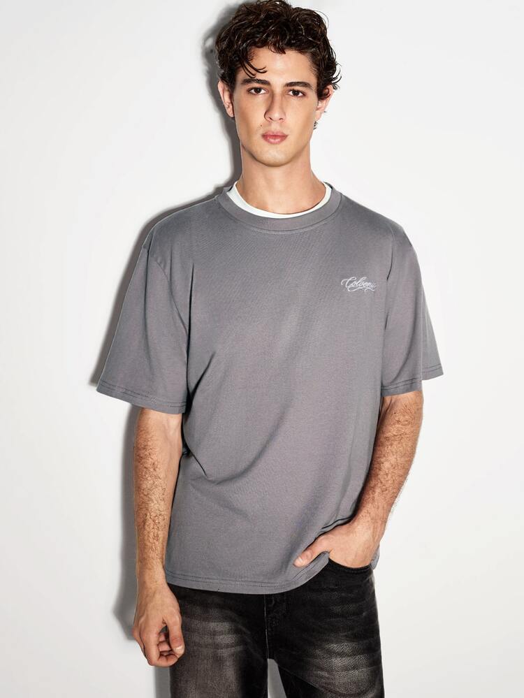 COLVENIC Dark Gray Loose Short Sleeve T-Shirt For Men, Front Chest Handwritten Signature Small Print, Back Multiple Rows Handwritten Font, Pure Cotton Drop Shoulder Half Sleeve - Grey - View 4