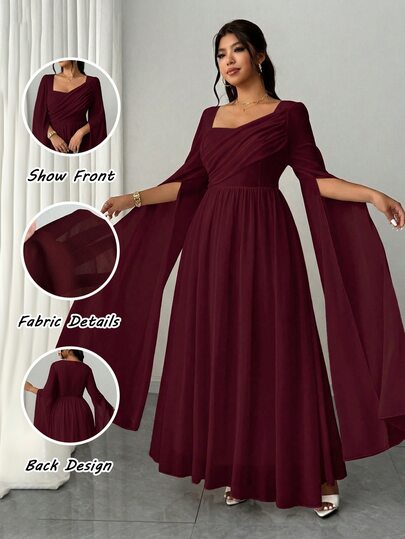 Elenzga Plus Size Women Elegant Chiffon Flowy French Square Collar Long Sleeve Cinched Waist A-Line Dress,Burgundy Winter Wedding Guest Formal Dress Fall