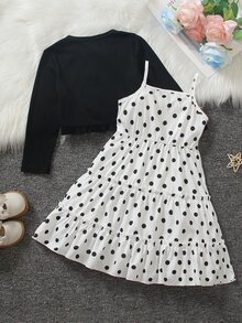 SHEIN Elladie kids Young Girls New Fashion Black Lapel Collar Long Sleeve Jacket With Elastic Waist A-Line Cake Layer Black & White Polka Dot Spaghetti Strap Dress 2-Piece Set, Suitable For Casual Daily Wear And Vacation, Spring/Autumn, Back To School - Black - View 3