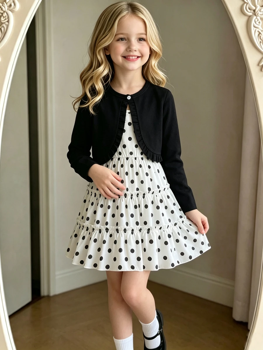 SHEIN Elladie kids Young Girls New Fashion Black Lapel Collar Long Sleeve Jacket With Elastic Waist A-Line Cake Layer Black & White Polka Dot Spaghetti Strap Dress 2-Piece Set, Suitable For Casual Daily Wear And Vacation, Spring/Autumn, Back To School