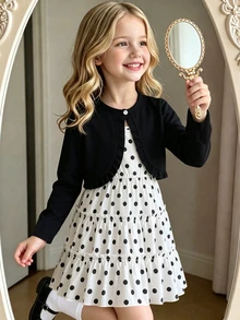 SHEIN Elladie kids Young Girls New Fashion Black Lapel Collar Long Sleeve Jacket With Elastic Waist A-Line Cake Layer Black & White Polka Dot Spaghetti Strap Dress 2-Piece Set, Suitable For Casual Daily Wear And Vacation, Spring/Autumn, Back To School - Black - View 10