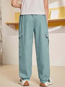 SHEIN Tween Boy Sporty Casual Pocket Blue Cargo Pants - Blue - View 2