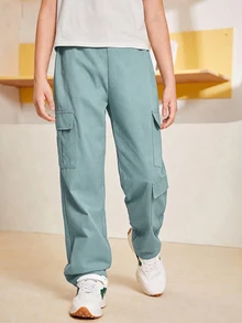 SHEIN Tween Boy Sporty Casual Pocket Blue Cargo Pants - Blue - View 3