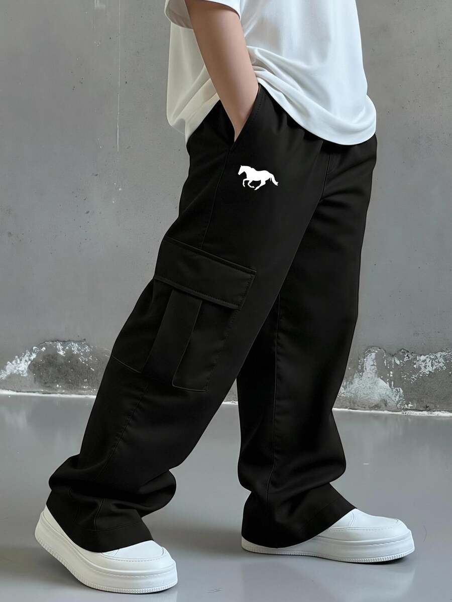 SHEIN 兒童青少年男孩休閒日常舒適工裝直筒寬鬆長褲，黑色工裝褲，6-7歲適用，適合外出、約會、上學，春、夏、秋、冬四季皆宜