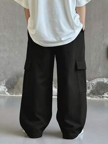 SHEIN 兒童青少年男孩休閒日常舒適工裝直筒寬鬆長褲，黑色工裝褲，6-7歲適用，適合外出、約會、上學，春、夏、秋、冬四季皆宜 - 黑色 - 查看 4