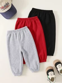 SHEIN 3件組小男孩休閒百搭彈性腰運動長褲 兒童慢跑褲 多件組 - 彩色 - 查看 2
