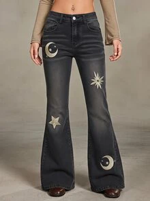 ROMWE Hippie Women's Pocket Embroidered Star Flared Casual Jeans - Black - View 1