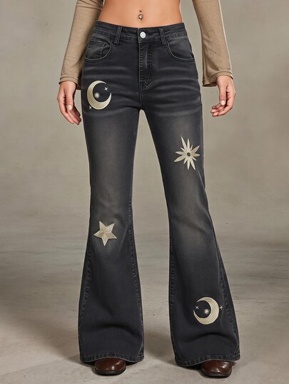 Hippie Women's Pocket Embroidered Star Flared Casual Jeans