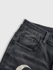 ROMWE Hippie Women's Pocket Embroidered Star Flared Casual Jeans - Black - View 4