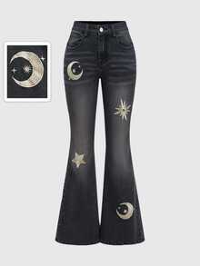 ROMWE Hippie Women's Pocket Embroidered Star Flared Casual Jeans - Black - View 3