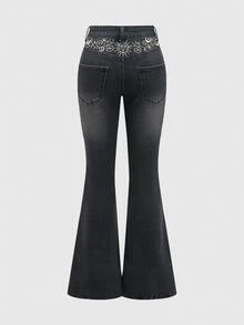 ROMWE Hippie Women's Pocket Embroidered Star Flared Casual Jeans - Black - View 2