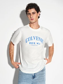 Colvenic 男士白色字母印花圓領短袖休閒T恤 - 白色 - 查看 7