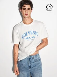 Colvenic 男士白色字母印花圓領短袖休閒T恤 - 白色 - 查看 2
