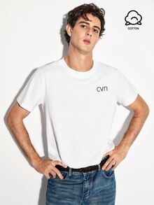 Colvenic All-Match Pure White Men's Slim Fit T-Shirt, Low-Key Micro CVN Embroidered Minimalist Versatile Casual Crew Neck Top - White - View 2