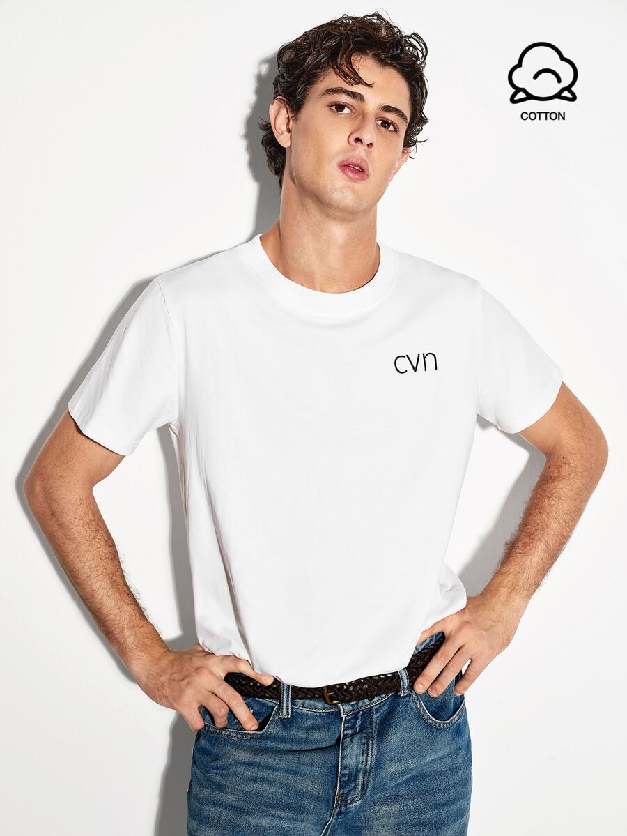 Colvenic All-Match Pure White Men's Slim Fit T-Shirt, Low-Key Micro CVN Embroidered Minimalist Versatile Casual Crew Neck Top