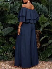 SHEIN Lady Conjunto de 2 piezas de top hombros descubiertos con doble volante y pantalones de pierna ancha sueltos de unicolor para vacaciones de mujer - Azul Marino - Ver 2