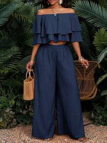 SHEIN Lady Conjunto de 2 piezas de top hombros descubiertos con doble volante y pantalones de pierna ancha sueltos de unicolor para vacaciones de mujer - Azul Marino - Ver 3