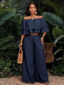 SHEIN Lady Conjunto de 2 piezas de top hombros descubiertos con doble volante y pantalones de pierna ancha sueltos de unicolor para vacaciones de mujer - Azul Marino - Ver 6