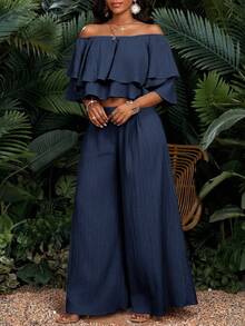 SHEIN Lady Conjunto de 2 piezas de top hombros descubiertos con doble volante y pantalones de pierna ancha sueltos de unicolor para vacaciones de mujer - Azul Marino - Ver 5