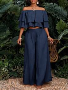 SHEIN Lady Conjunto de 2 piezas de top hombros descubiertos con doble volante y pantalones de pierna ancha sueltos de unicolor para vacaciones de mujer - Azul Marino - Ver 4