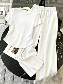 Resyla 女款圓領拼接色短袖上衣與鬆緊腰長褲休閒日常兩件套 - 彩色 - 查看 2