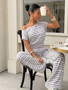 Muchica 女款粉色與白色不對稱單肩上衣褲子休閒街頭風兩件套夏季穿搭旅行 - 彩色 - 查看 5
