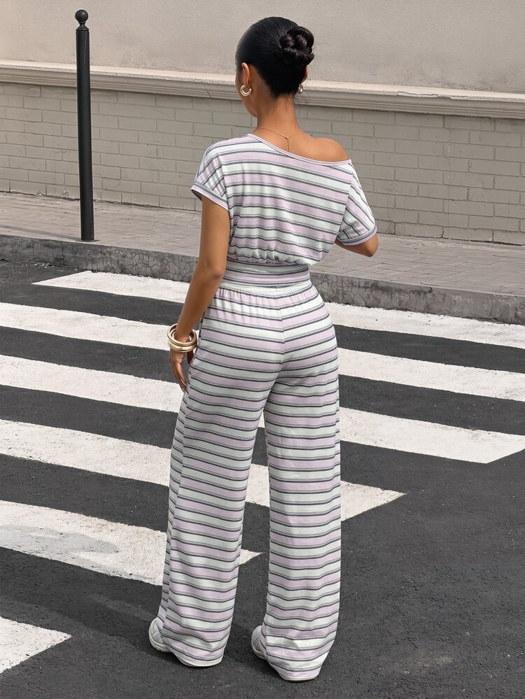 Muchica Women's Pink And White Asymmetrical Shoulder Top Pants Casual Streetwear 2 Pieces Set Summer Outfits Travel - Multicolor - View 2