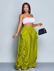 SOLERSUN Plus Size Casual Solid Color Slant Pocket Breathable Drawstring Waist Pants Fall - Mustard Yellow - View 5