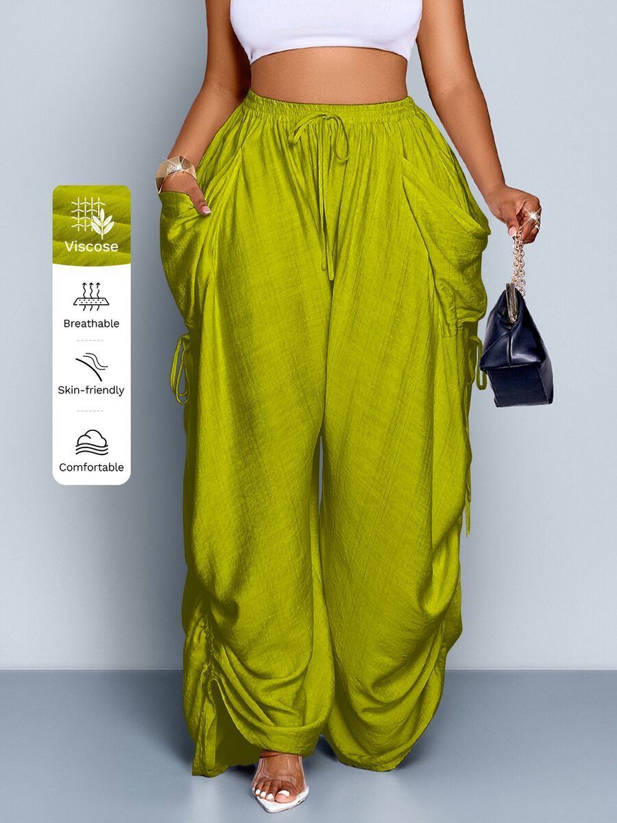 SOLERSUN Plus Size Casual Solid Color Slant Pocket Breathable Drawstring Waist Pants Fall - Mustard Yellow - View 1