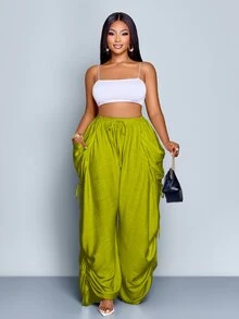 SOLERSUN Plus Size Casual Solid Color Slant Pocket Breathable Drawstring Waist Pants Fall - Mustard Yellow - View 3