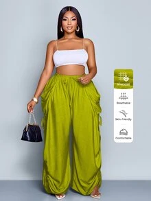 SOLERSUN Plus Size Casual Solid Color Slant Pocket Breathable Drawstring Waist Pants Fall - Mustard Yellow - View 4