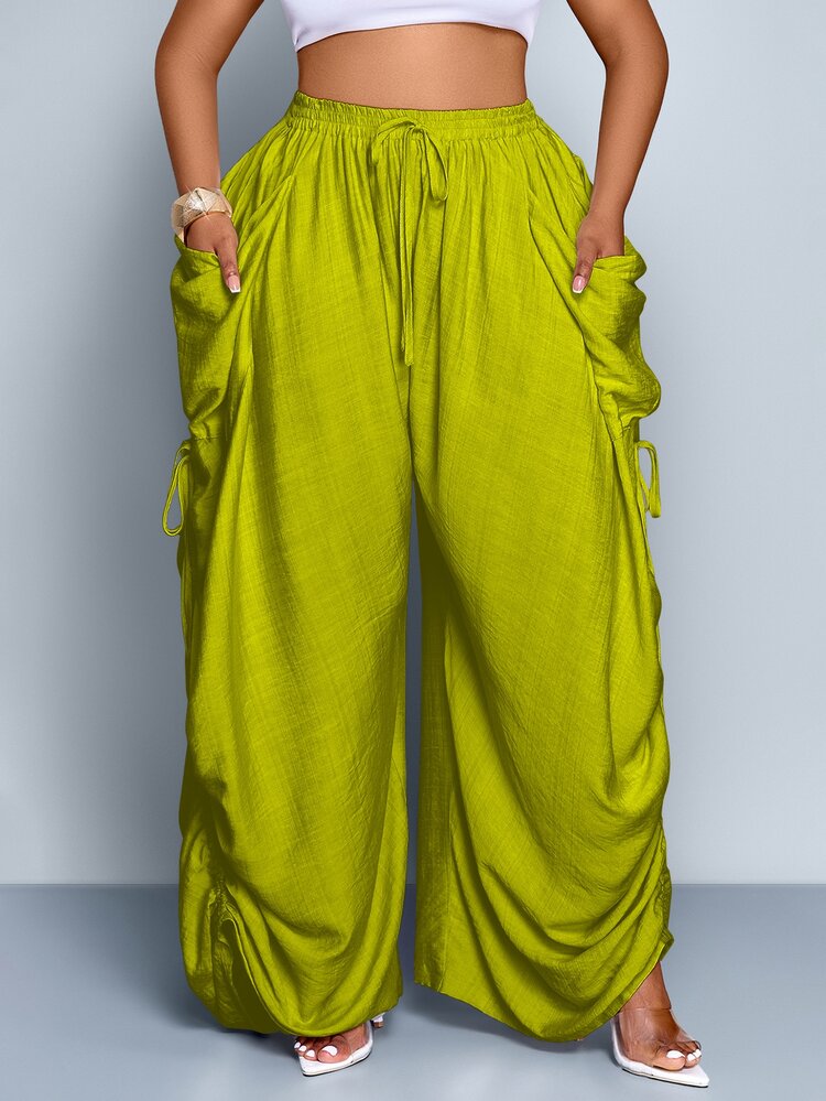 SOLERSUN Plus Size Casual Solid Color Slant Pocket Breathable Drawstring Waist Pants Fall - Mustard Yellow - View 6